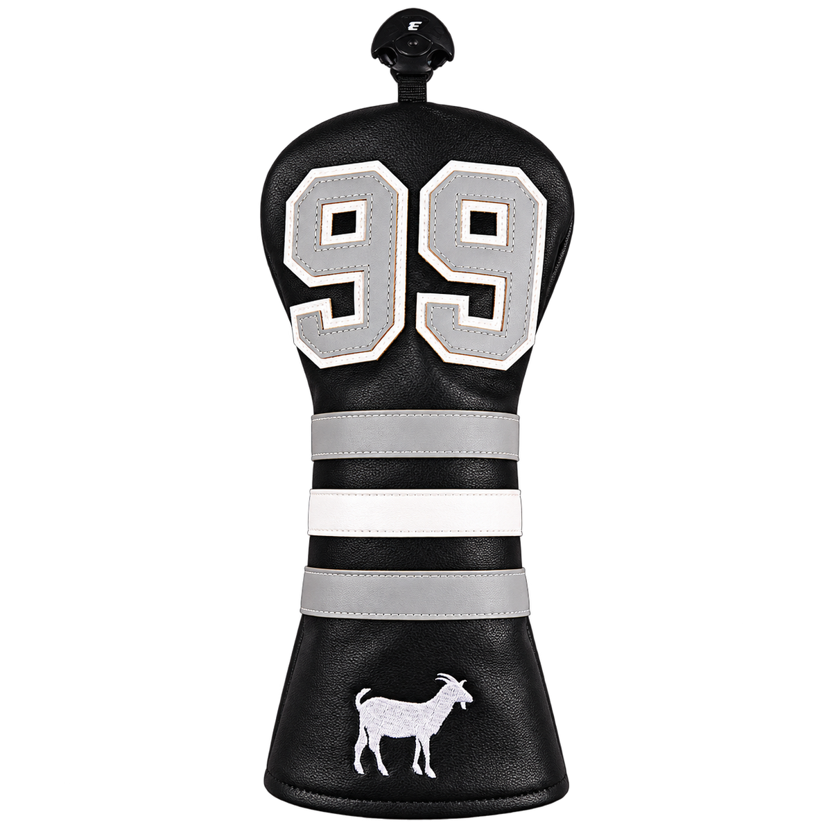 99 Black Edition Driver Head Cover – front view showing varsity 99 patch and embroidered goat