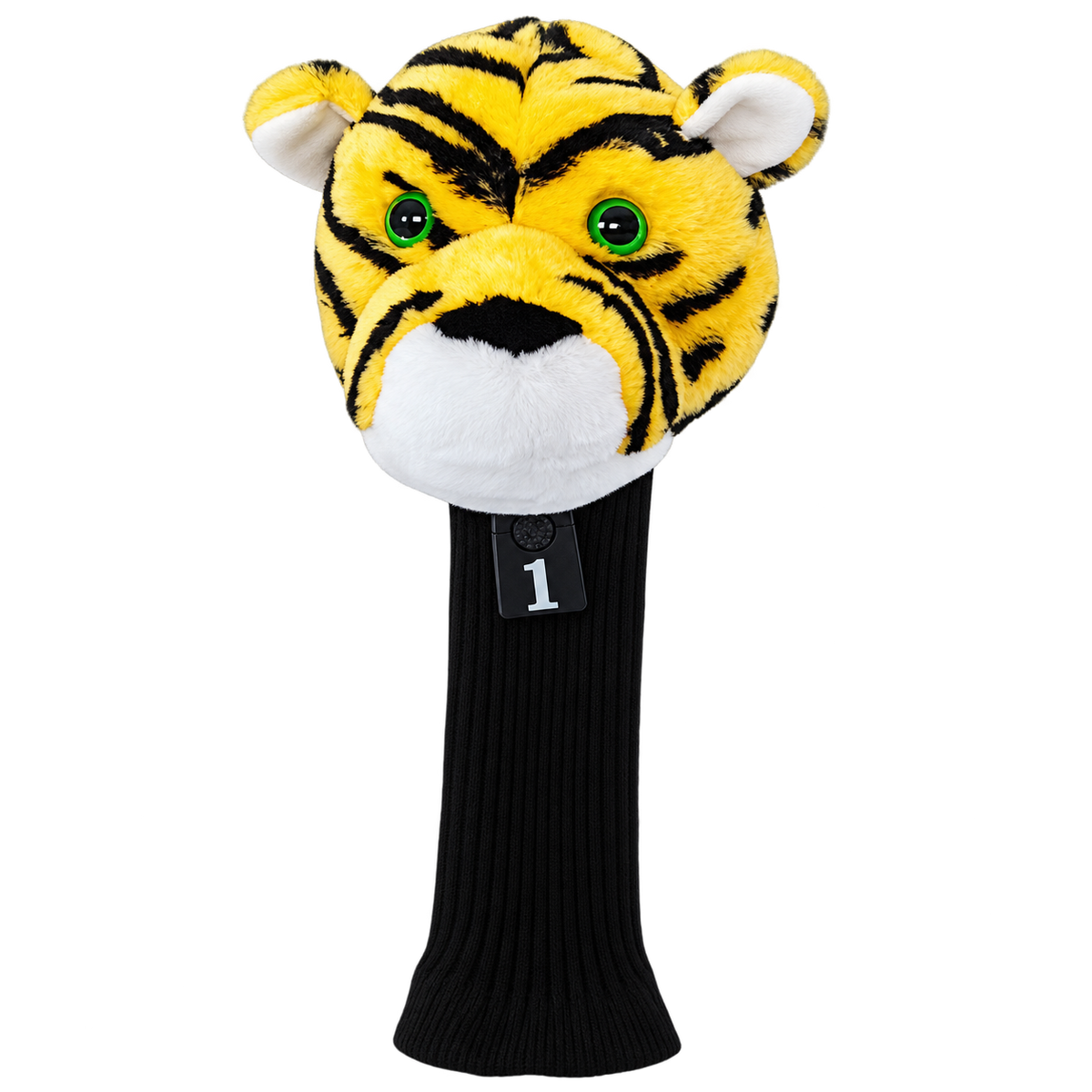 Tiger driver head cover – yellow and black striped plush with green eyes and #1 club tag