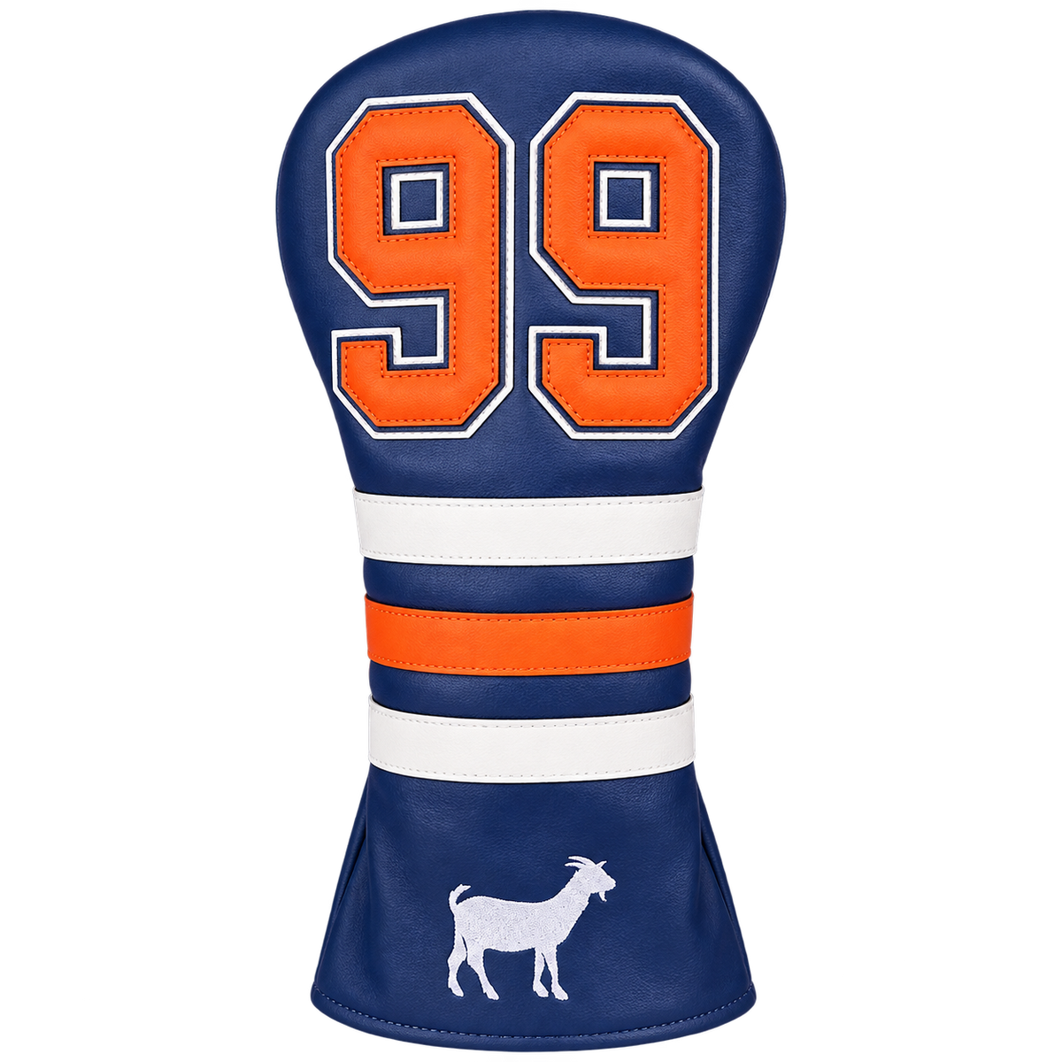 99 Driver Head Cover Blue Edition – front view showing navy body with orange varsity 99 patch and embroidered goat
