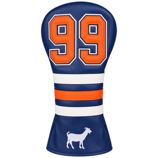 99 Driver Head Cover Blue Edition – front view showing navy body with orange varsity 99 patch and embroidered goat