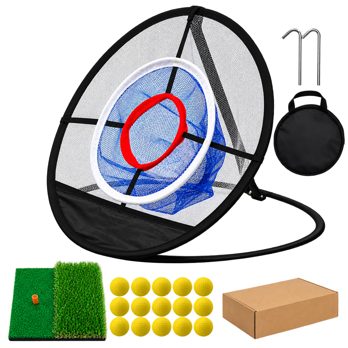 Golf chipping practice set with pop-up target net, hitting mat, 12 foam balls, ground stakes and carry bag