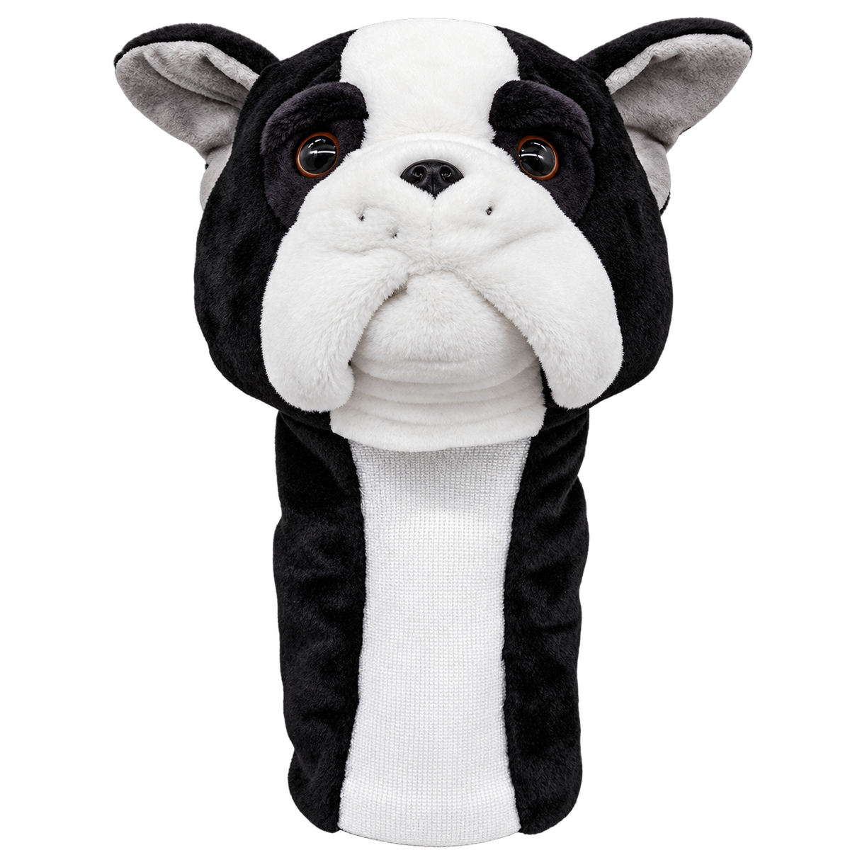 French Bulldog driver head cover – black and white plush with brown eyes