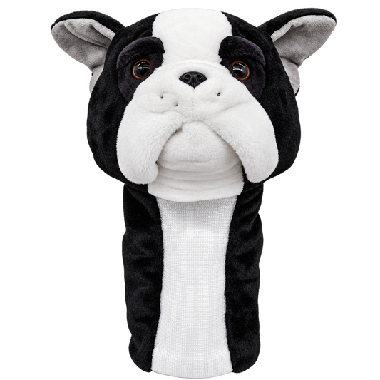 French Bulldog driver head cover – black and white plush with brown eyes