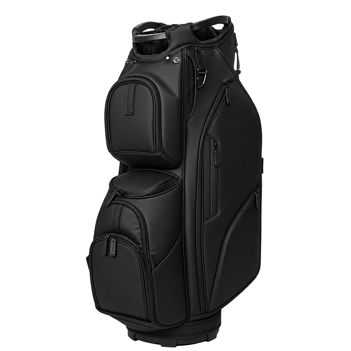 Premium all-black leather golf stand bag with multiple pockets and dual carry handles