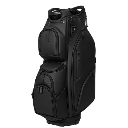 Premium all-black leather golf stand bag with multiple pockets and dual carry handles