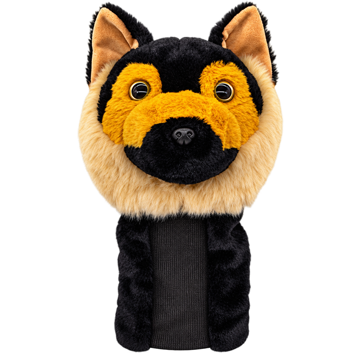 German Shepherd driver head cover – black and tan plush with golden eyes