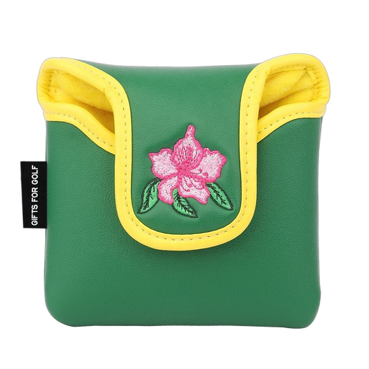 Flower putter head cover back view - green PU leather square mallet headcover with small embroidered pink azalea and yellow contrast trim