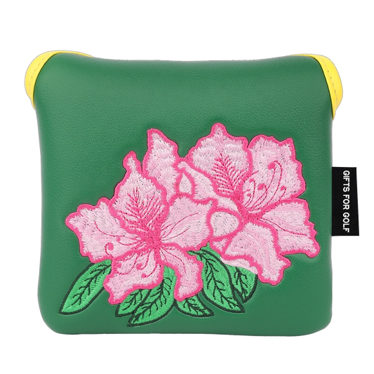 Flower putter head cover front view - green square mallet golf headcover with large embroidered pink azalea flowers and yellow trim