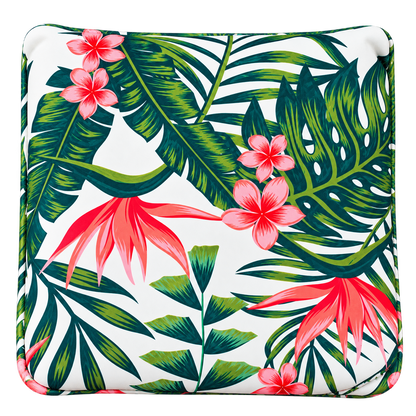 Tropical floral putter head cover with green palm leaves and pink plumeria blooms on white background