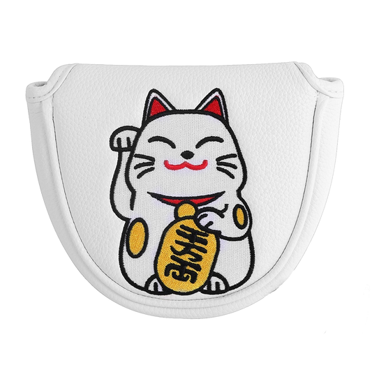 Japan lucky cat putter head cover front view - white mallet golf headcover with embroidered Maneki-neko lucky cat holding gold coin