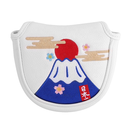 Mount Fuji putter head cover front view - white mallet golf headcover with embroidered Mount Fuji, rising sun, cherry blossoms and gold clouds