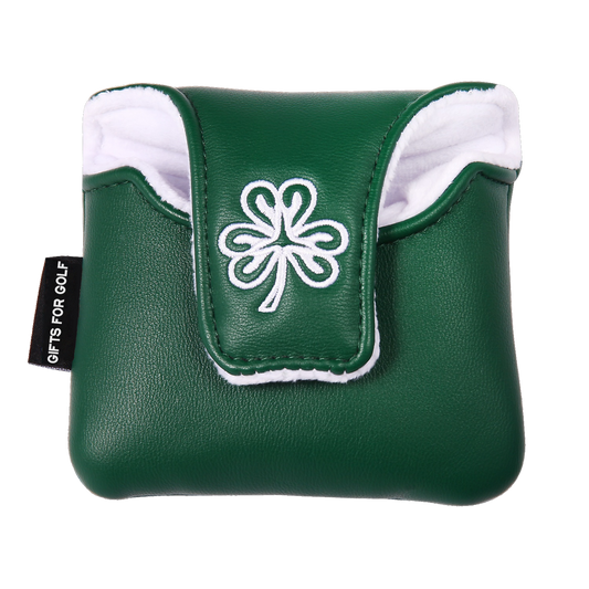 Lucky clover putter head cover back view - green leather with large embroidered clover and Gifts for Golf tag