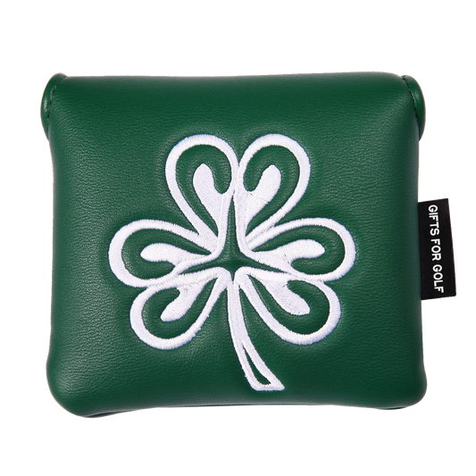 Lucky clover putter head cover front view - green PU leather mallet golf headcover with white embroidered four-leaf clover