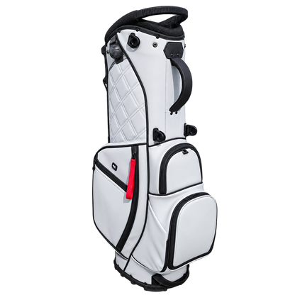 Modern white golf stand bag with quilted panel, multiple pockets, and black trim