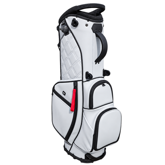 Modern white golf stand bag with quilted panel, multiple pockets, and black trim