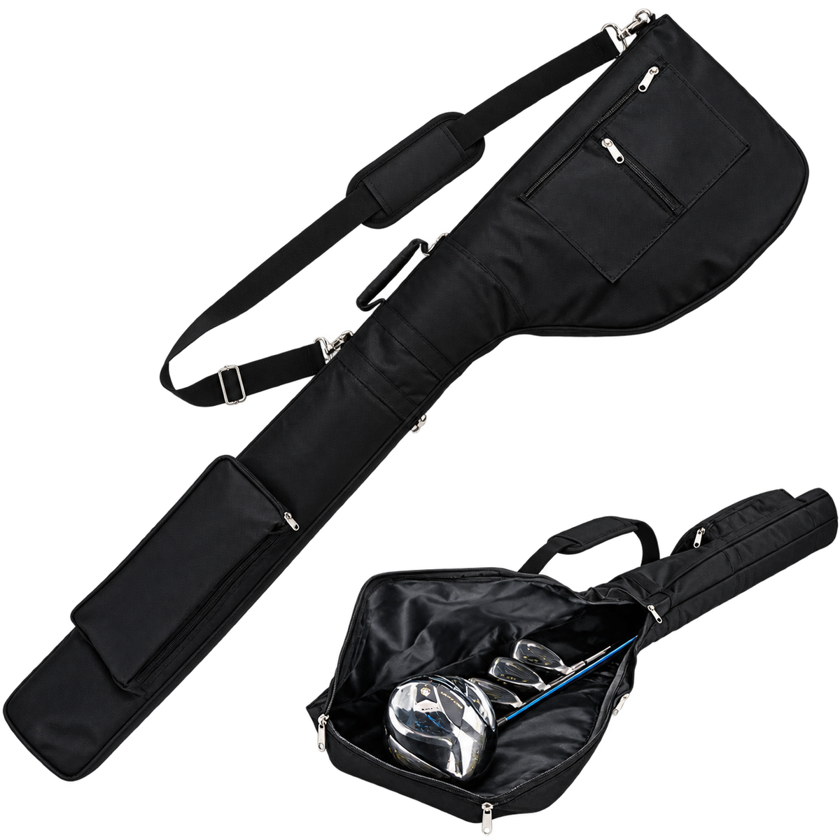 Black golf sunday bag with padded shoulder strap, multiple zippered pockets, shown open with clubs inside