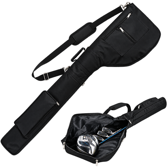 Black golf sunday bag with padded shoulder strap, multiple zippered pockets, shown open with clubs inside