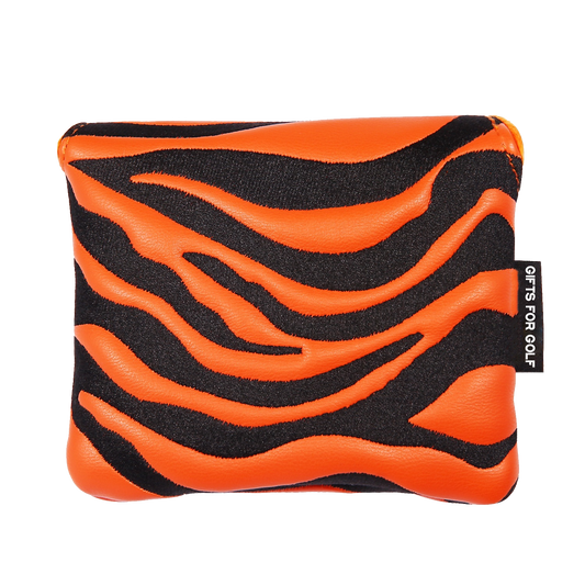 Tiger putter head cover front view - orange and black tiger stripe PU leather mallet headcover