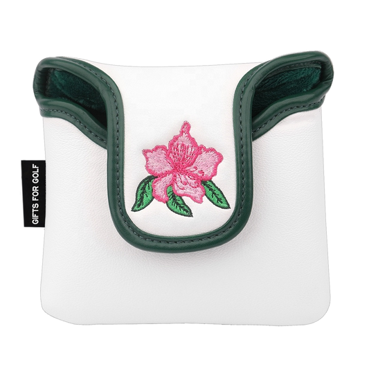 Flower putter head cover white edition back view - white PU leather square mallet headcover with small embroidered pink azalea and forest green contrast trim