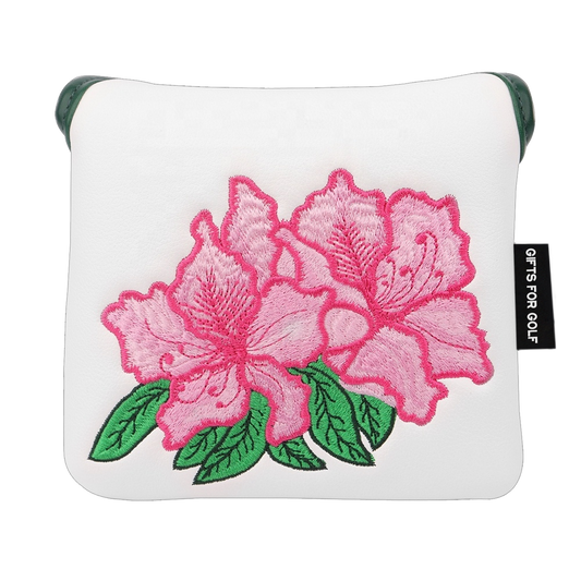 Flower putter head cover white edition front view - white square mallet golf headcover with large embroidered pink azalea flowers and forest green trim